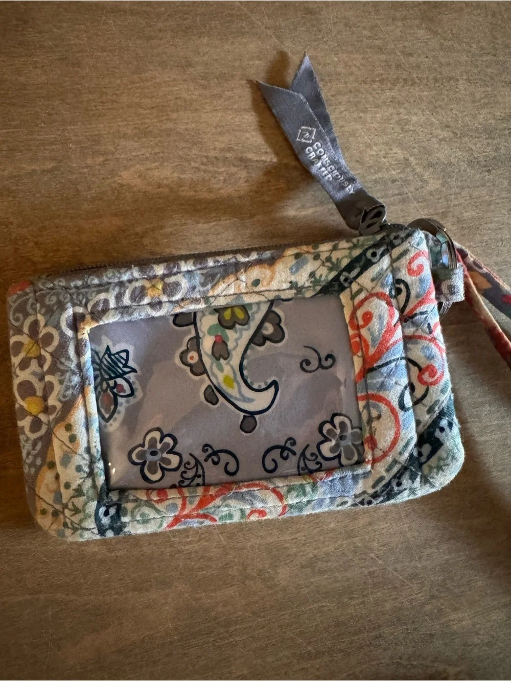Vera Bradley Quilted Key Card Holder in Gray, Green, Orange, Blue with lanyard